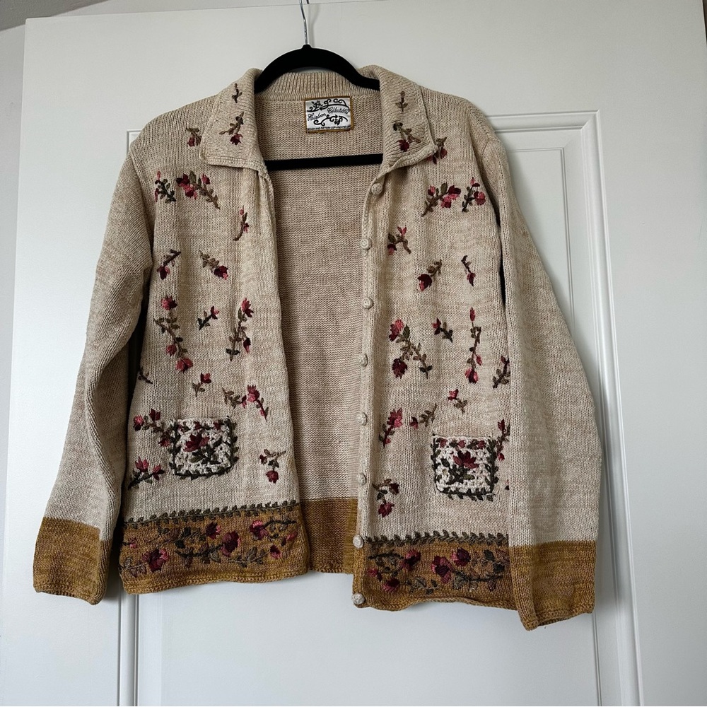 Pendleton Women's Cardigan - Beige and Gold with Floral Embroidery